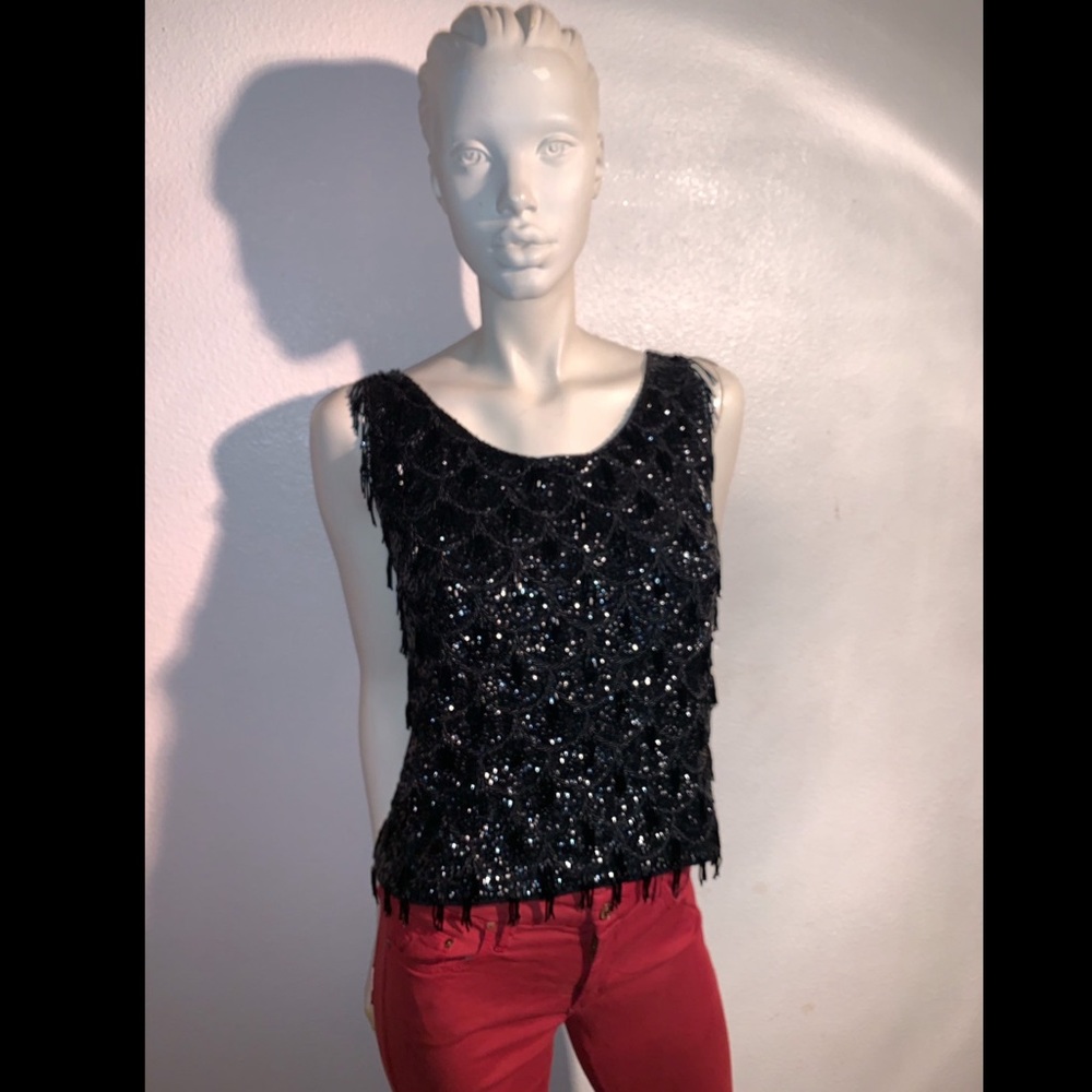 Vtg 1950’s Sweater-Beaded Fringe Black Wool Tank
